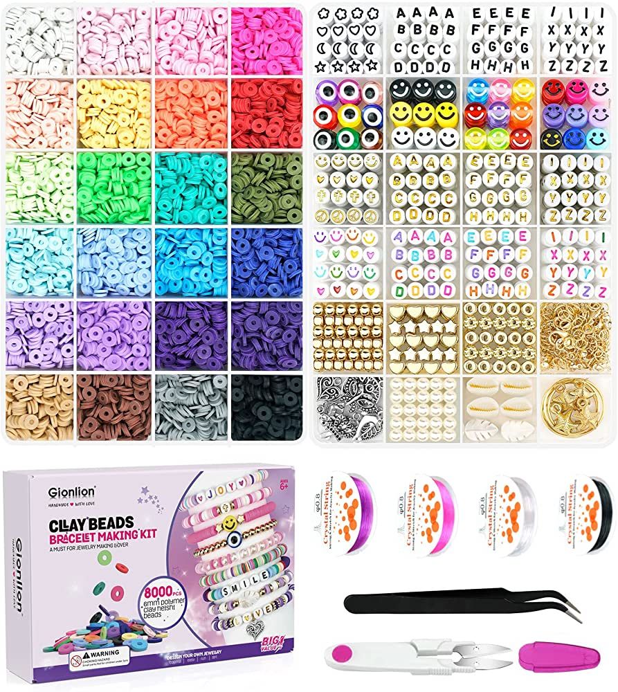 Gionlion 8000 Pcs Clay Beads Kit for Bracelet Making, 2 Boxes 24 Colors Flat Clay Beads Letter Be... | Amazon (US)