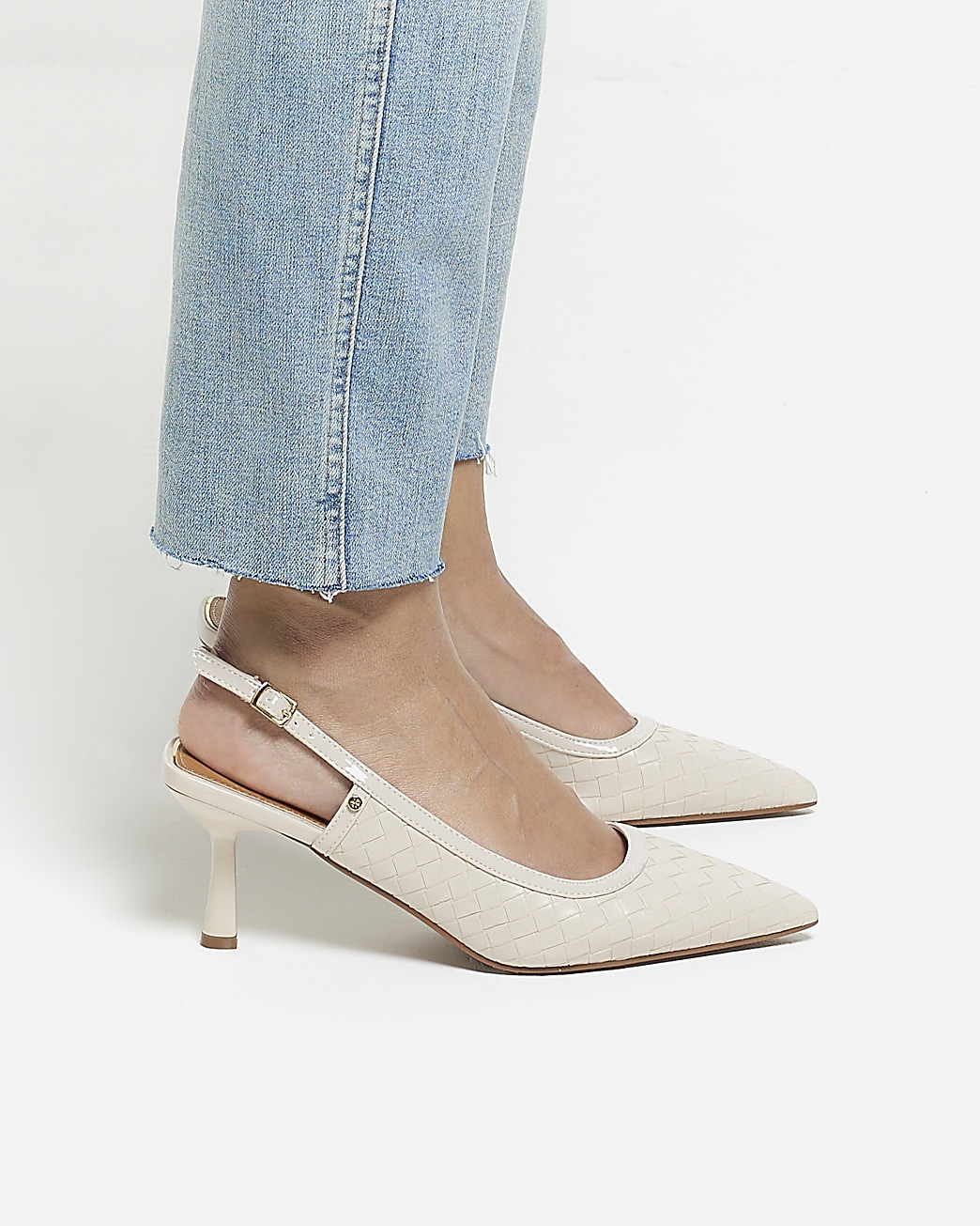 Beige weave heeled court shoes | River Island (UK & IE)
