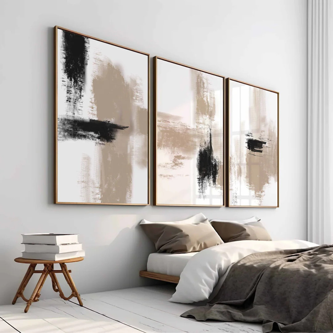 Modern Abstract Gallery Wall Art Set of 3 Black Beige Neutral Prints Abstract Art Modern Bedroom ... | Etsy (US)