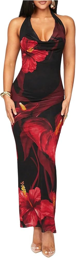 SHENHE Women's Sexy Floral Maxi Dress Halter Tie Backless Cowl Neck Bodycon Party Dress | Amazon (US)