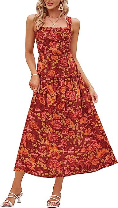 ZESICA Women's Summer Boho Sleeveless Halter Neck Strappy Backless Smocked Flowy Tiered Midi Dres... | Amazon (US)