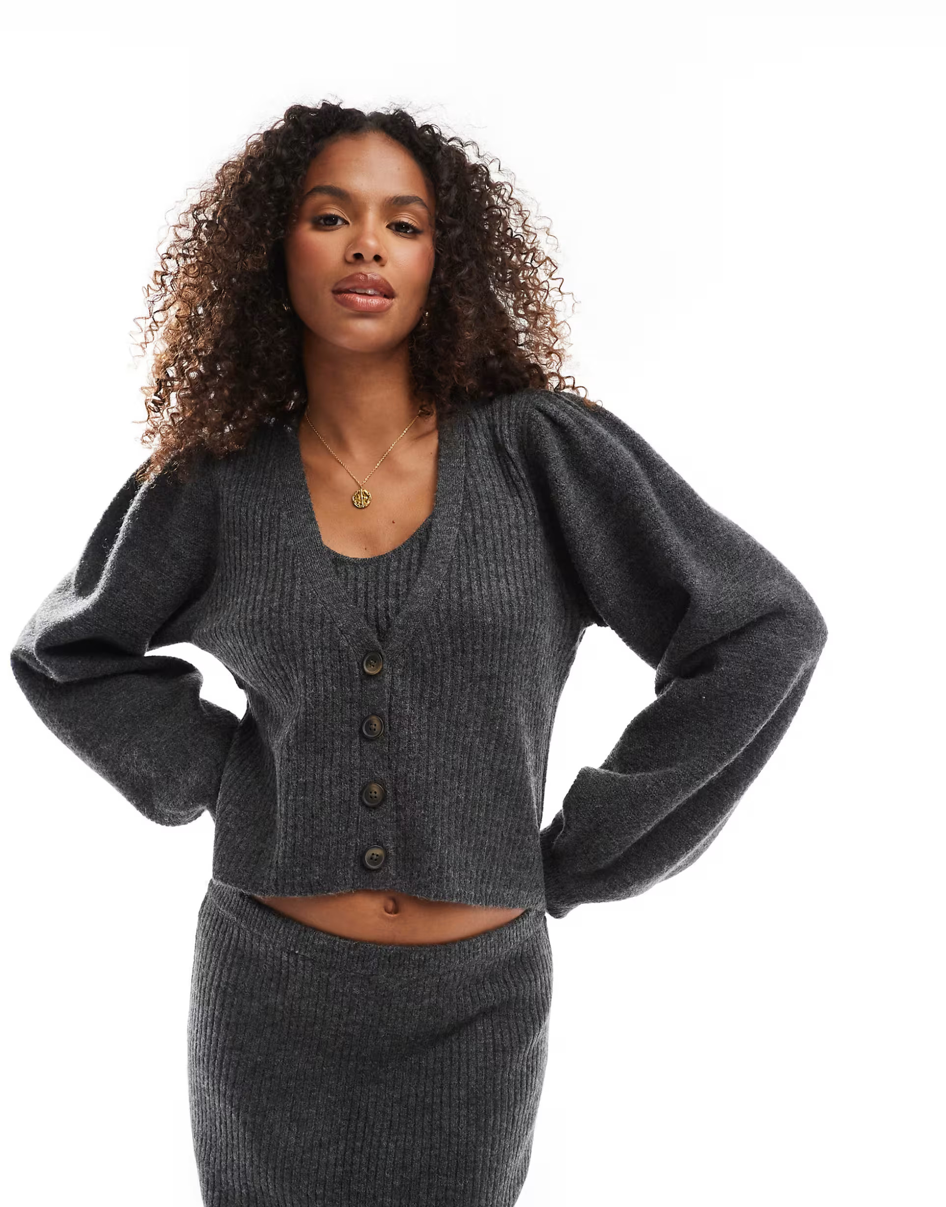 Vero Moda Aware chunky knit cardigan, tank top and maxi skirt set in dark grey melange | ASOS (Global)