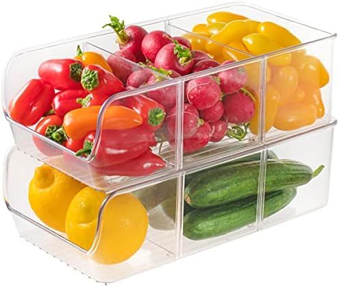 Refrigerator Organizer Bins, Set of 2 with Removable Dividers - Clear Plastic Storage Bins for Freez | Amazon (US)