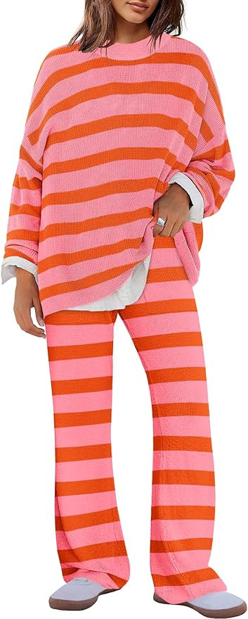 Panadila Womens Oversized Lounge Sets Striped Sweater Set 2 Piece Pajama Set Long Sleeve Top and ... | Amazon (US)