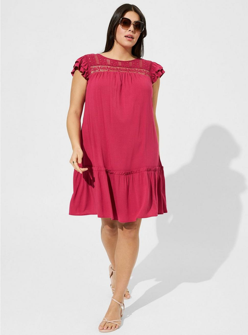 Mini Rayon Slub Crochet Yoke Shift Dress | Torrid (US & Canada)