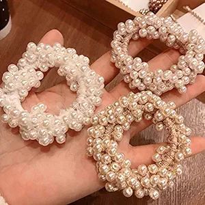 Brinie Pearl Hair Ties Champagne Elastic Scrunchies Stretchy Bands Bead Ropes Hair Accessories fo... | Amazon (US)