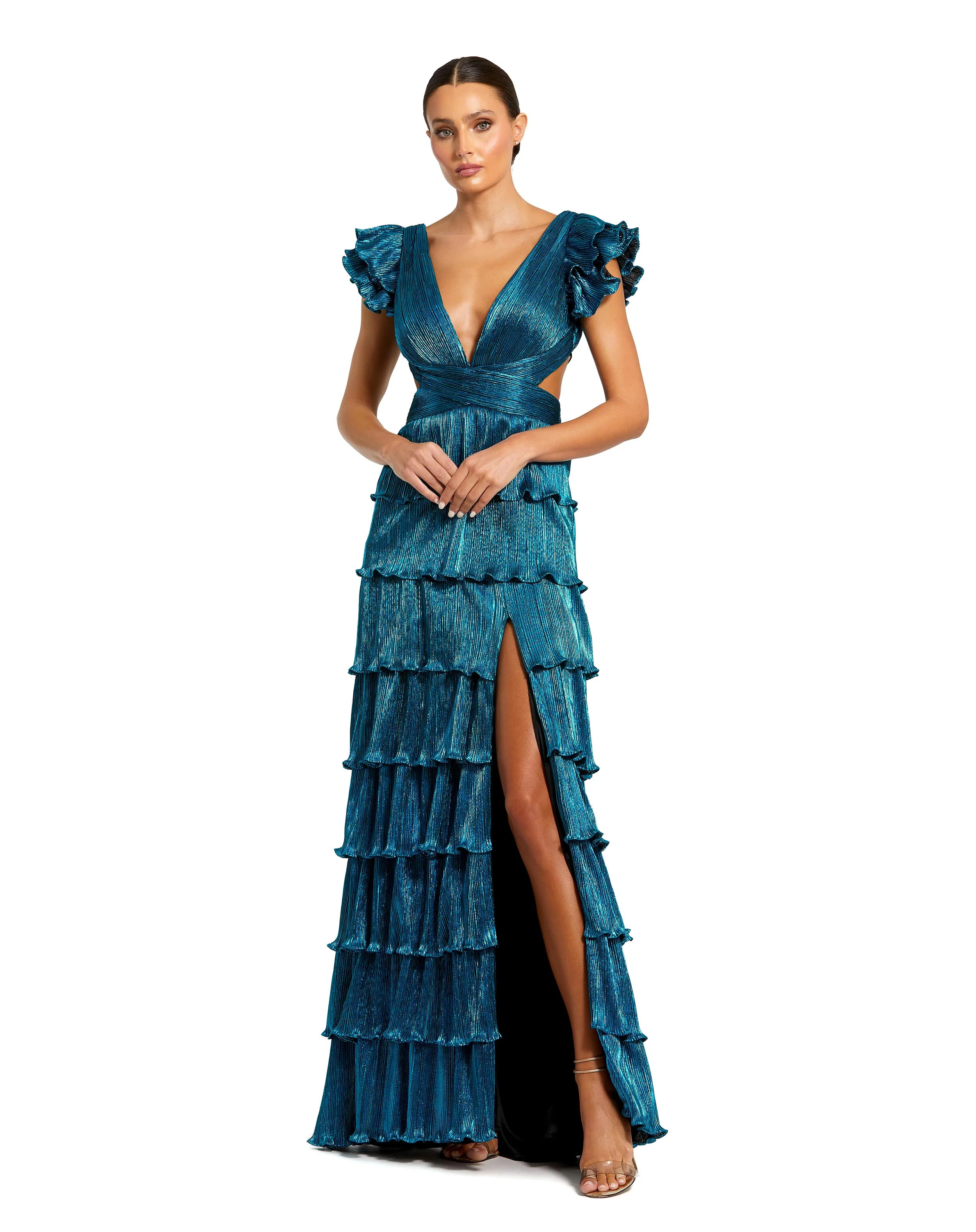 Ruffle Tiered Criss Cross Lace Up Gown | Mac Duggal