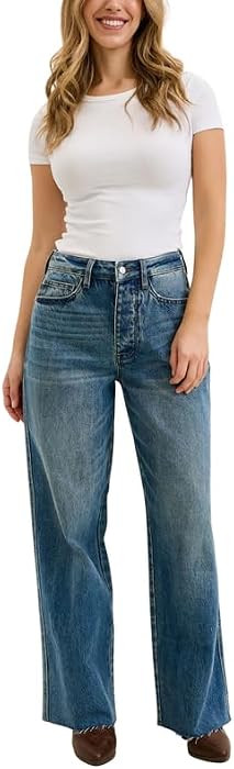 Judy Blue High Waist Vintage Indigo Wilhelmina Baggy Jeans – Rigid Magic Denim, Raw Hem, Relaxe... | Amazon (US)