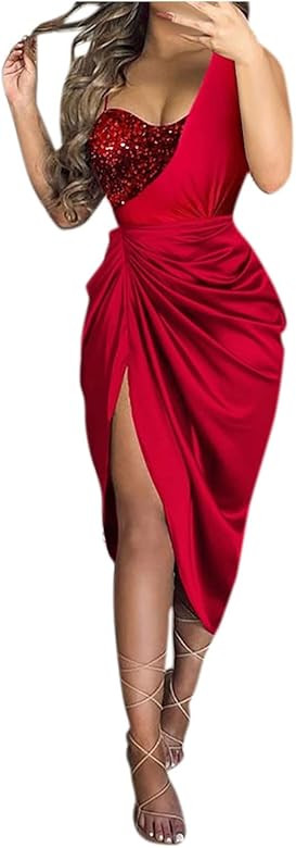 ADHOWBEW Cocktail Dresses,Womens Sexy Sparkly One Shoulder Midi Dress Elegant Smocked Slit Bodyco... | Amazon (US)