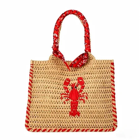 Ladies Mini Straw Handbag with Lobster Embroidery, Woven Beach Purse, Small Tote Bag with Detachable Shoulder Strap, Summer Bohemian Vacation Accessory | Walmart (US)