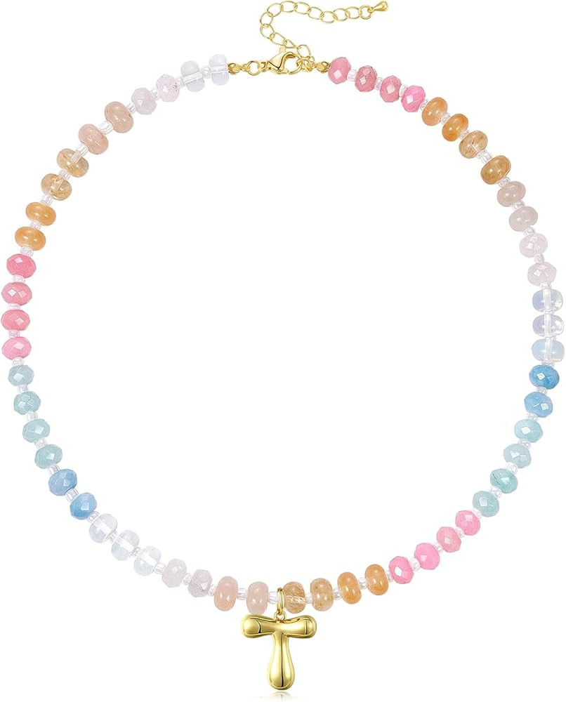 KissYan Initial Necklaces for Women, Colorful Beaded Gemstone Choker 14K Gold Bubble Letter Penda... | Amazon (US)