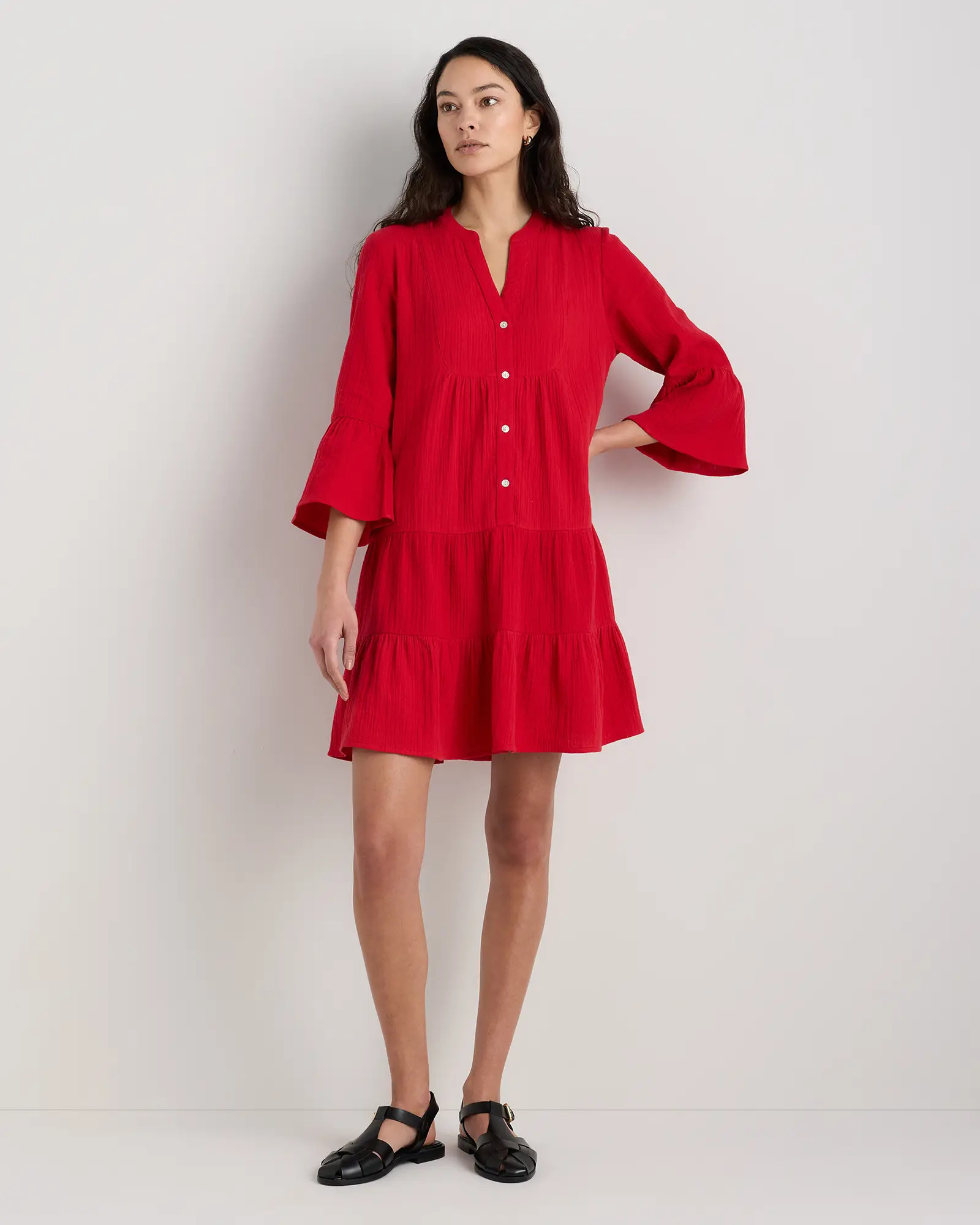 100% Organic Cotton Gauze Long Sleeve Tiered Mini Dress | Quince