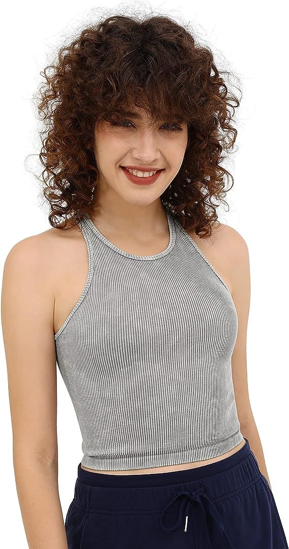 ODODOS Women's Crop 3-Pack Washed Seamless Rib-Knit Camisole Crop Tank Top | Amazon (US)