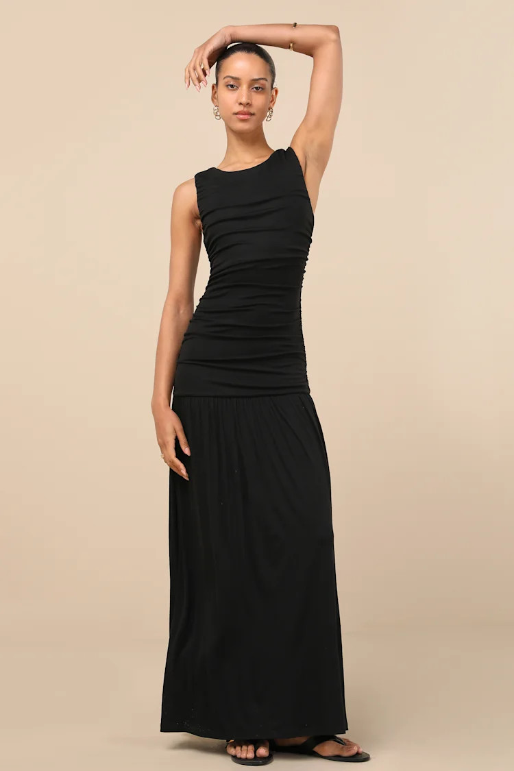 Tamber Black Jersey Knit Drop Waist Midi Dress | Lulus