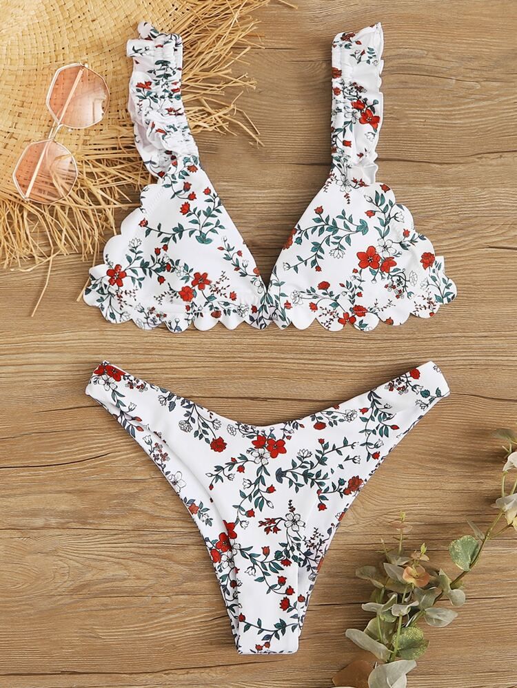 Floral Scallop Triangle High Cut Bikini Swimsuit | SHEIN
