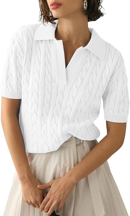 Imily Bela Womens Cable Short Sleeve Sweaters Tops Lapel V Neck Knit Shirt | Amazon (US)