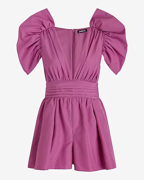 V-Neck Puff Sleeve Pleated Romper | Express