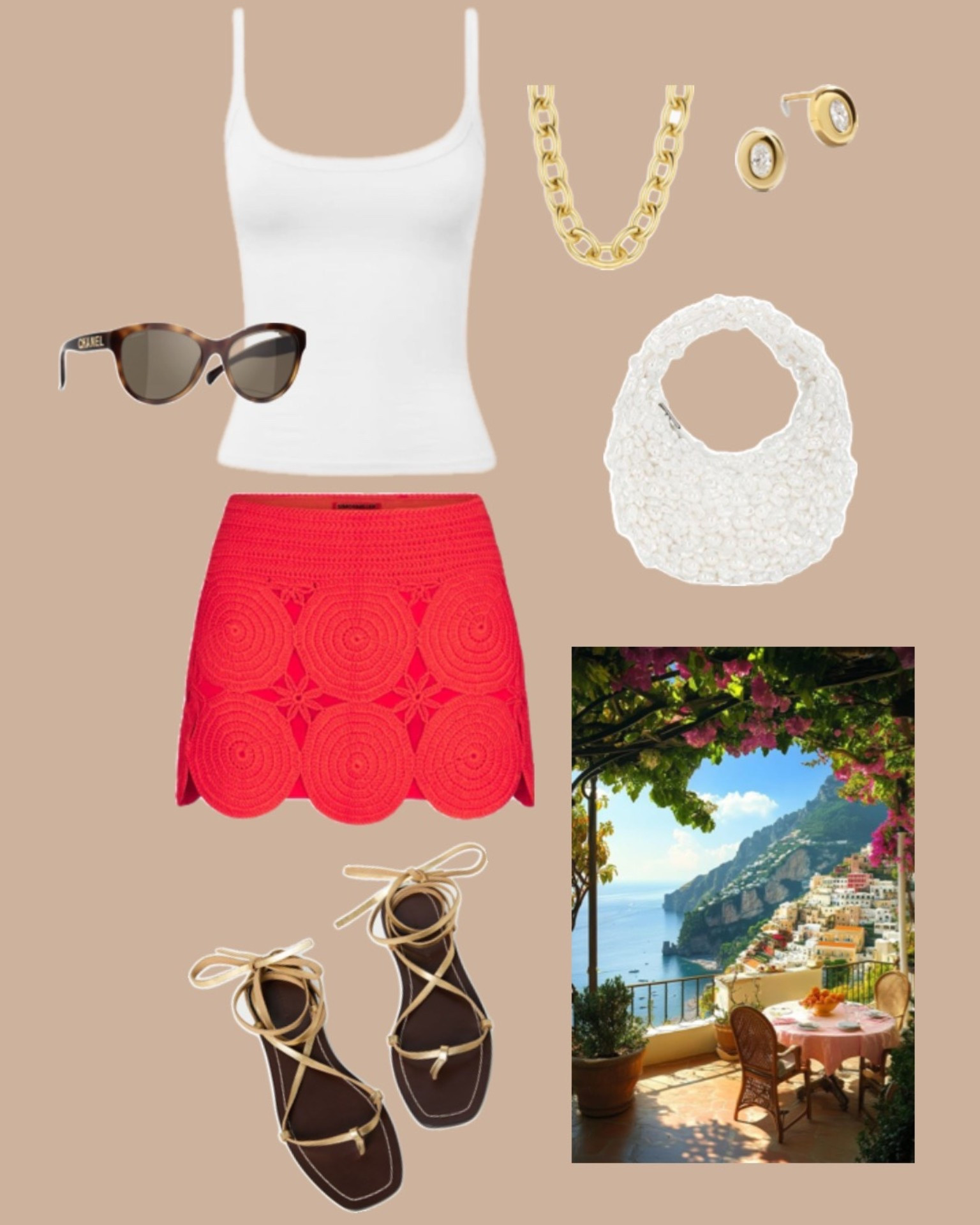 Amalfi Coast outfit, Italy vacation outfit, Positano outfit inspo, European summer outfit, coastal chic outfit, red mini skirt outfit, white tank top outfit, lace up sandals, vacation dinner outfit, resort wear, summer travel style, Mediterranean getaway outfit, chic vacation look, designer sunglasses, gold jewelry, beach club outfit, luxury travel style, date night in Italy, summer capsule wardrobe, Sarah L Styled

#LTKSeasonal #LTKSaleAlert #LTKTravel