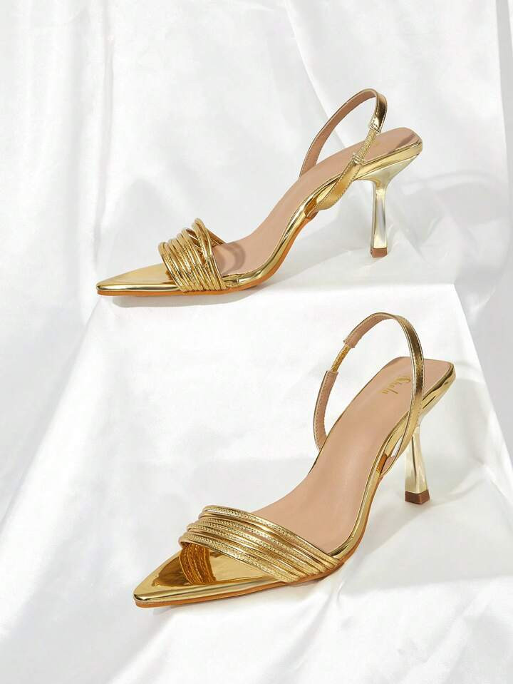 SHEIN Belle Glamorous Gold Slingback Sandals For Women, Multi Thin Strap Pyramid Heeled Sandals | SHEIN
