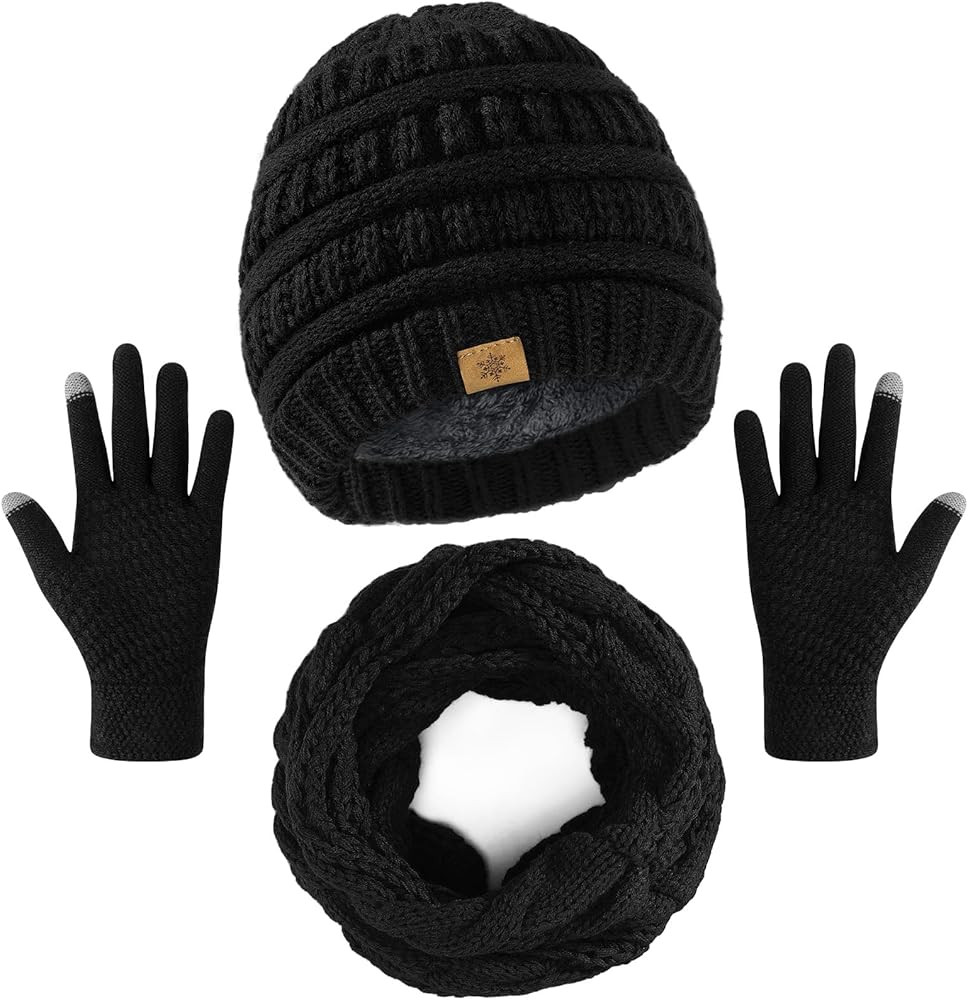 Winter Beanie Hat Scarf Gloves Set, Winter Clothes for Women, Fleece Lined Hats Touchscreen Glove... | Amazon (US)