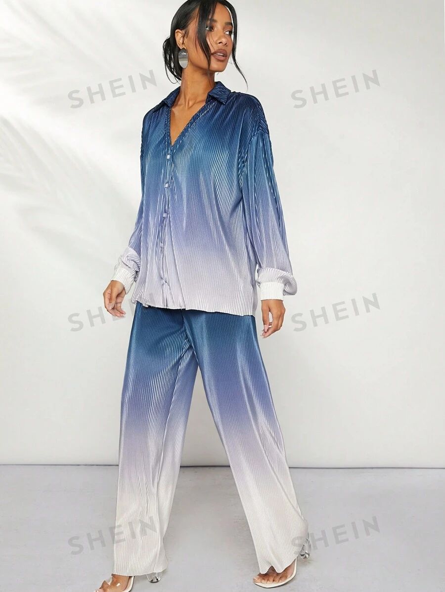 SHEIN Haute Ombre Plisse Button Shirt & Pants Set | SHEIN