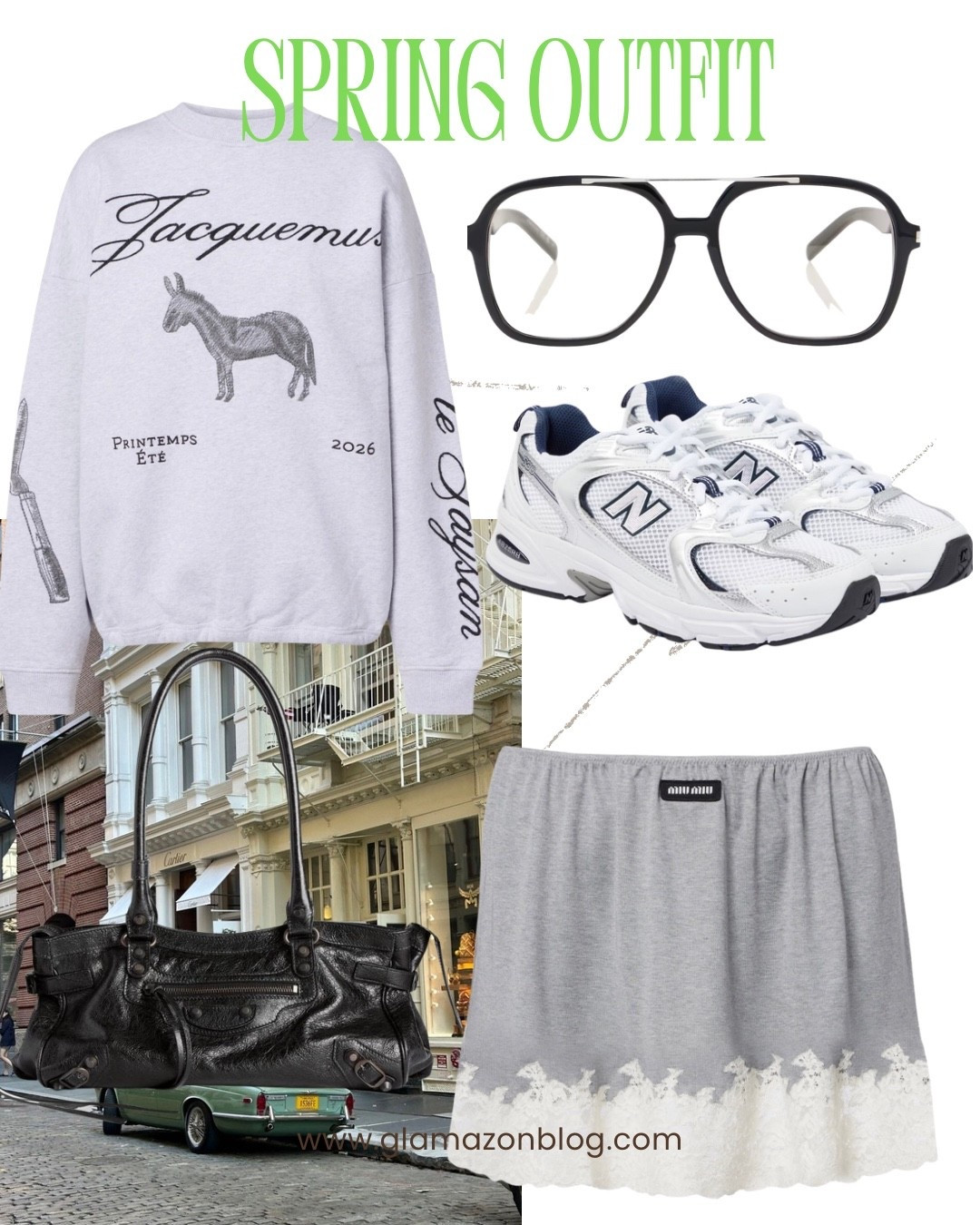 Mytheresa, miu miu skirt, Jacquemus sweatshirt, new balance trainers, balenciaga bag, ysl glasses 

#LTKeurope #LTKstyletip #LTKspring