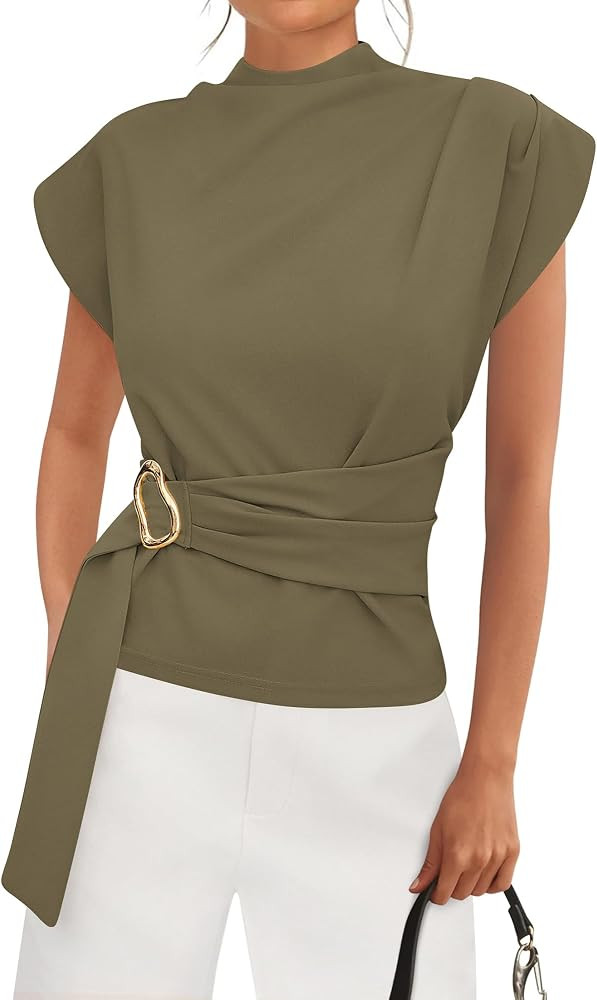 PRETTYGARDEN Women Blouses Spring Dressy Cap Sleeve Mock Neck Work Shirts Buckle Tunic Summer Bus... | Amazon (US)