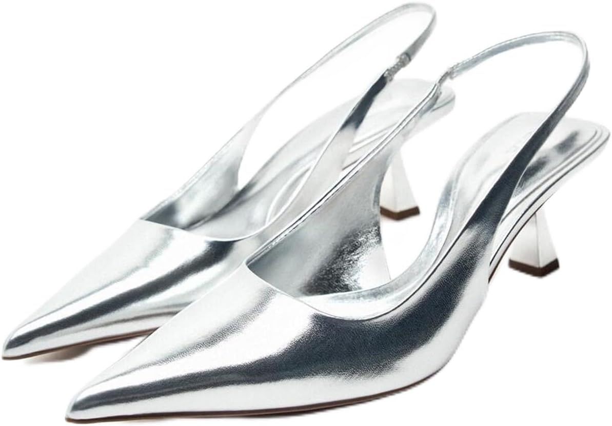 MRKEWUNEY Fashion Silver Slingback Pumps Shoes for Women Pointed Toe Kitten Heels | Amazon (US)