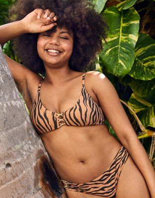 Aerie Pique Animal Print Knot Front Scoop Bikini Top | American Eagle Outfitters (US & CA)