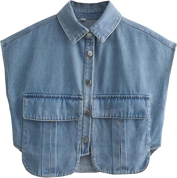 Denim Vest Women Button Down Polo Neck Cropped Loose Sleeveless Shirt Top Jean Jacket Coat with P... | Amazon (US)