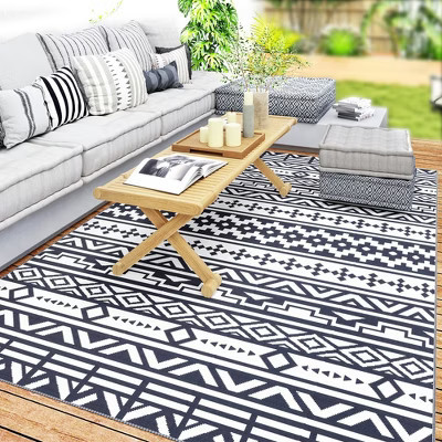 Outsunny Outdoor Patio Rug, Large Camping Carpet with Carrying Bag, 6' x 9' Waterproof Plastic Straw, Reversible, Blue & White Geometric | Target