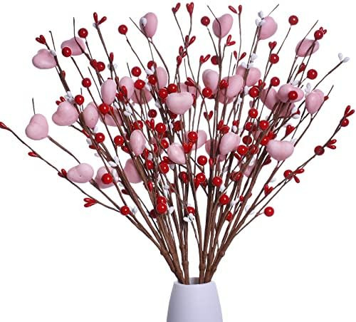 J'FLORU Valentine’s Day Gifts,6 Pack Valentine’s Day Picks Berry Stems with Pink Hearts for V... | Amazon (US)
