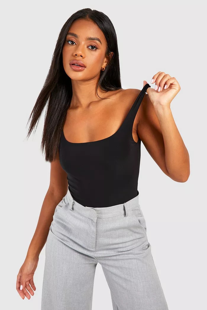 Black Square Neck Double Layer Bodysuit | Boohoo.com (UK & IE)