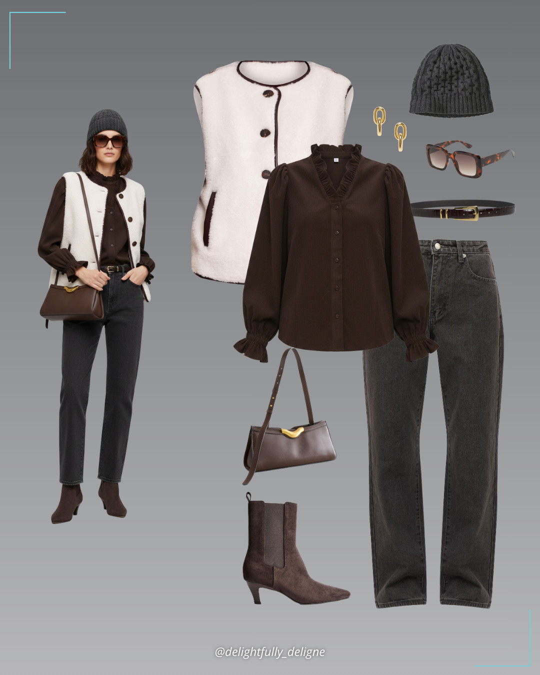 Modern Neutrals 🤍🤎Cream borg faux leather–trim vest, corduroy ruffle shirt with long puff sleeves, grey high-waist straight-leg jeans, elongated buckle belt, chocolate brown hardware-detail shoulder bag, brown kitten-heeled Chelsea boots, squared-frame sunglasses, coastal cable beanie & link drop earrings. 

 #LTKgrwm #LTKootd #LTKOver40
