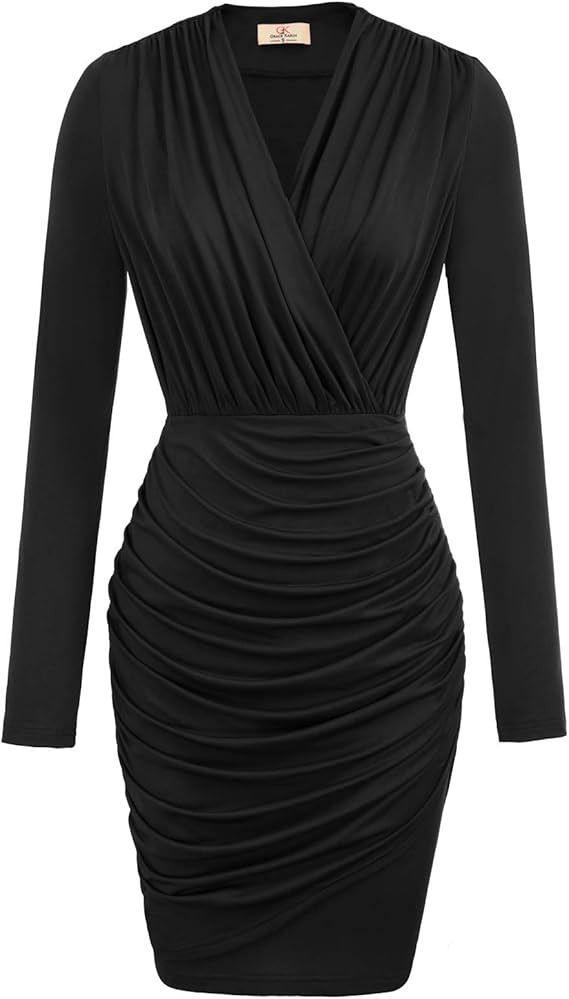 GRACE KARIN Women's Retro Long Sleeve Ruched Wrap Party Pencil Dress | Amazon (US)