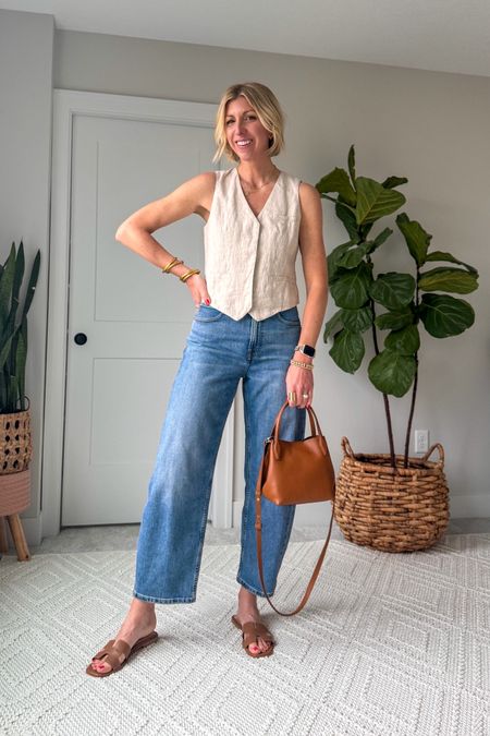 Easy elevated spring outfit for a coffee date or end of the school year events!

This linen vest is perfect for the heat because it breaths well👏🏻 it add polish to casual jeans 

Wearing my tts small
wearing my tts 27 in these jeans in the 29” inseam length (I’m 5’10”) 

#LTKxMadewell #LTKfindsunder100 #LTKover40