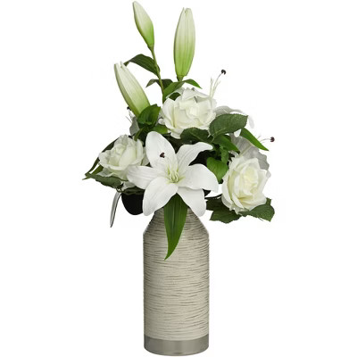 Dahlia Studios Potted Faux Artificial Flowers Realistic White Rose Lily in Shiny Ceramic Vase Hom... | Target
