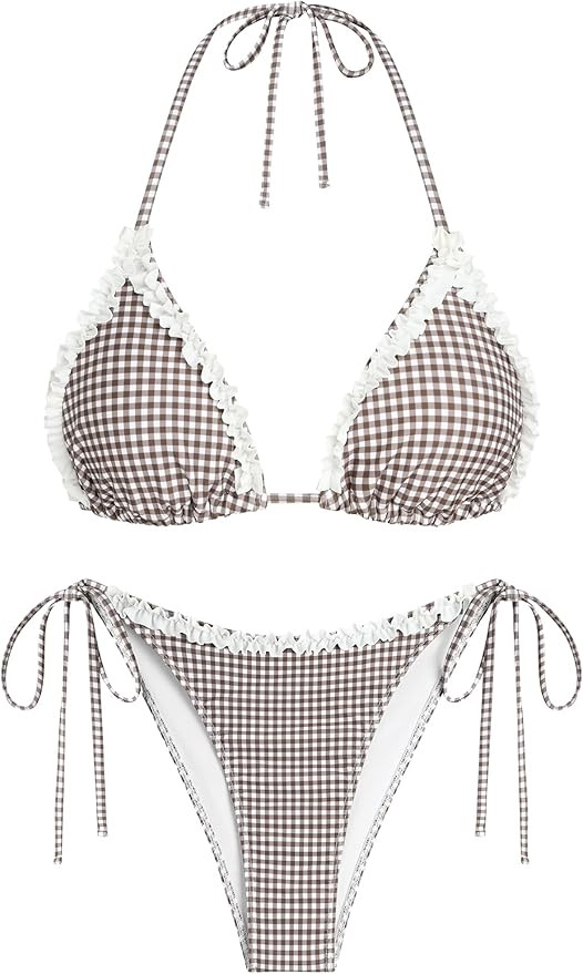 ZAFUL Women Ruffle Trim Triangle Bikini Sets Halter String 2 Piece Swimsuits High Cut Bathing Sui... | Amazon (US)