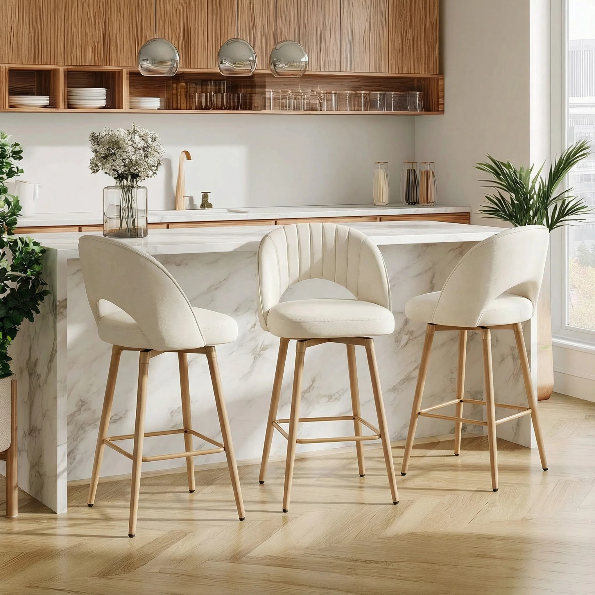 360° Swivel Upholstered Counter Stools With Backrest Bar Stools Set of 3 | Wayfair North America