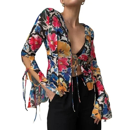 Women Flare Long Sleeve Shirts Flower Print Tie-Up Slim Fit Blouses Spring Summer Fashion Casual Sunscreen Tops | Walmart (US)