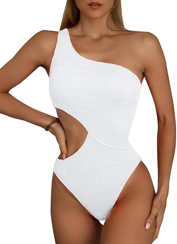 Women's Cutout One Piece Swimsuit One Shoulder Swimwear Ribbed Monokini Bathing Suits | Amazon (US)