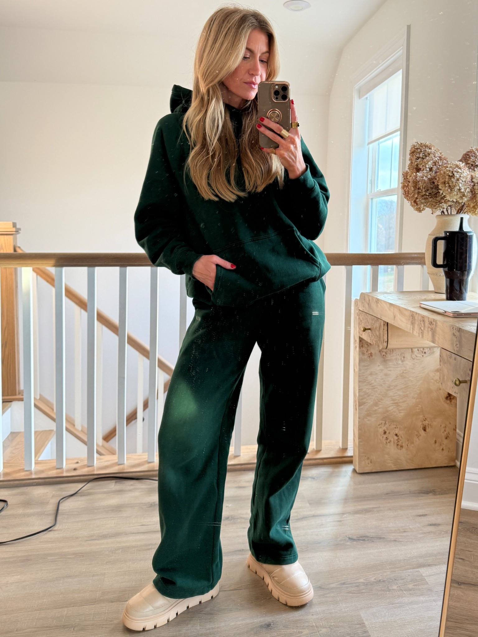 Aritzia sweatsuit - so soft and comfy! 
Sweatshirt: runs major oversized, wearing a S
Sweatpants: run big, wearing a S
Hunter mules: runs slightly small, wearing my normal size  

#LTKGiftGuide #LTKStyleTip #LTKTravel