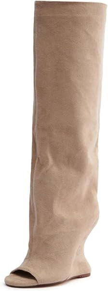 Yishaweiqi Camel Suede Knee High Boots for Women Pull On Peep Toe Wedge Boots Open Toe Summer Boots | Amazon (US)