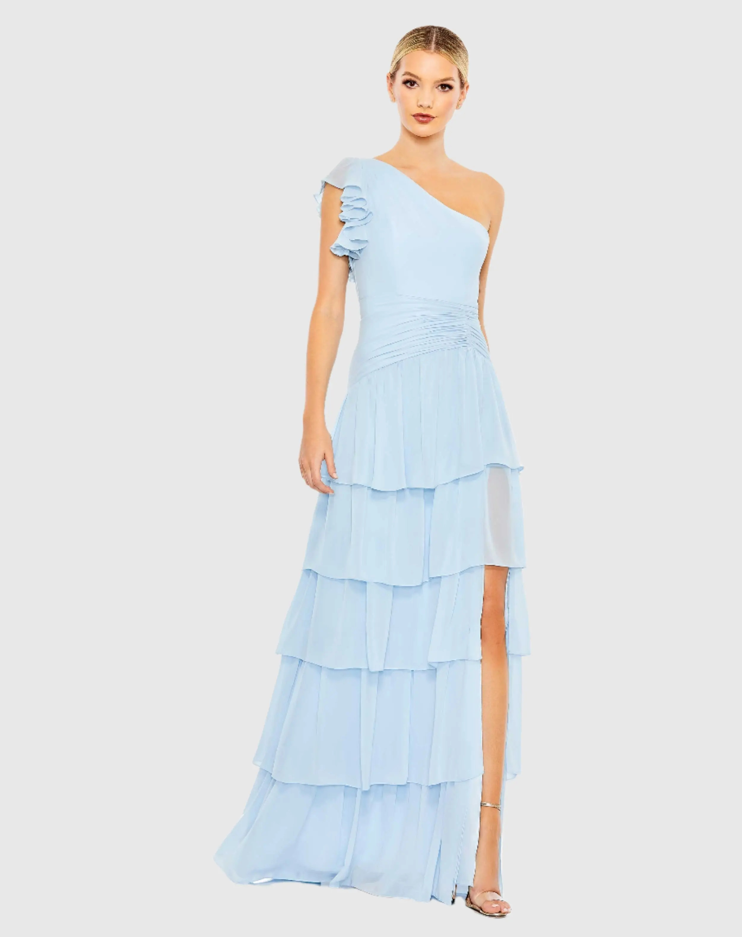 Blue Ruffle Tiered One Flutter Sleeve Gown - Mac Duggal | Mac Duggal