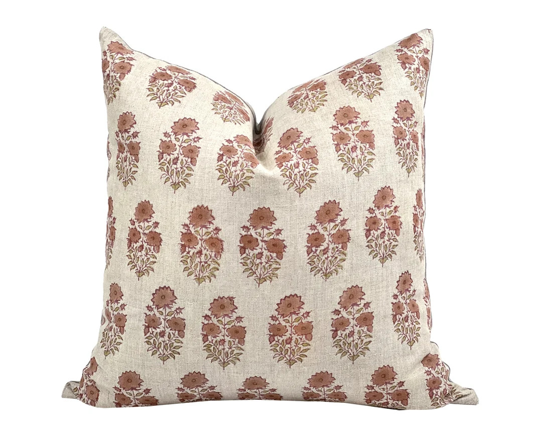 ROUX | Designer Terracotta Floral Linen Pillow Cover, Block Print Pillow, Rust Red Pillow, Muted ... | Etsy (US)