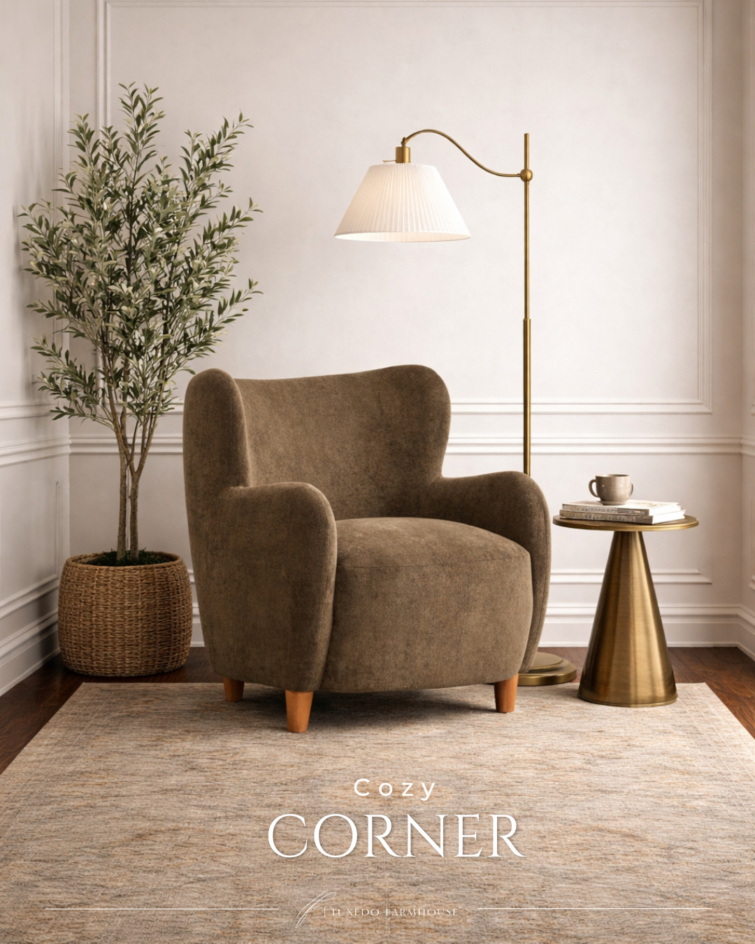 This cozy corner features the Reshami Wing Back Fabric Upholstered Accent Chair! Beautifully contoured, softly upholstered, and designed for long, comfortable hours of unwinding. Paired with a sculptural brass task floor lamp that delivers focused light exactly where you want it. Pair it with a warm metallic end table perfect for books and tea, and a muted vintage-style area rug. I find that an olive tree nestled in a woven planter basket brings balance, warmth, and a timeless everyday living vibe.

Seasonal, home decor, accent chairs, rugs, wall art, frames, pillows, lamps, baskets, candles, books, coffee tables, ottomans, trays, bowls, consoles, accent tables
 

 

#LTKSeasonal #LTKHome