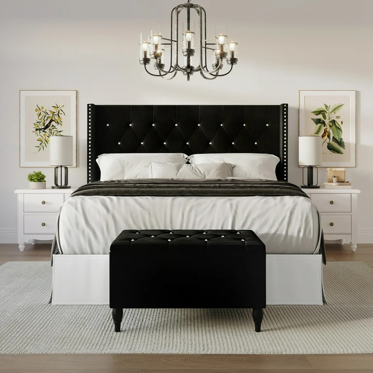 Castle Place Button Tufted Wingback Velvet Upholstered Bed with Storage Bench, Black, Full | Walmart (US)