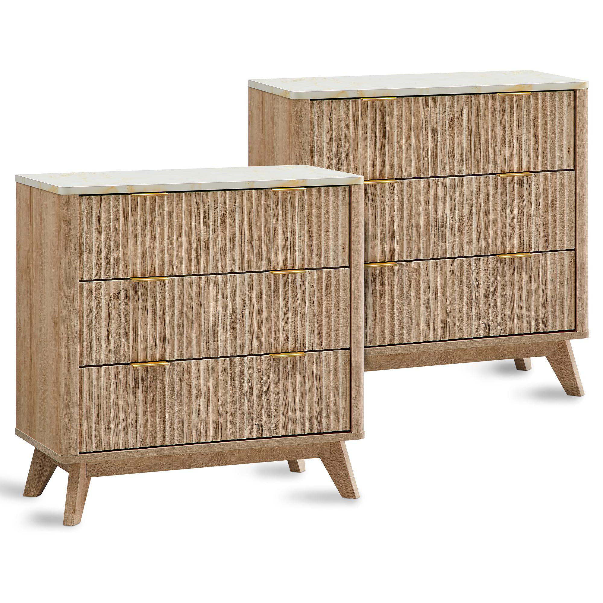 T4TREAM 32" Tall Fluted Nightstand Set of 2, Modern Side Table with Faux Marble Top, 3 Drawers End Table w/Storage, BedsideTable for Bedroom, Living Room, Curved Profile Design, Natural Oak | Amazon (US)