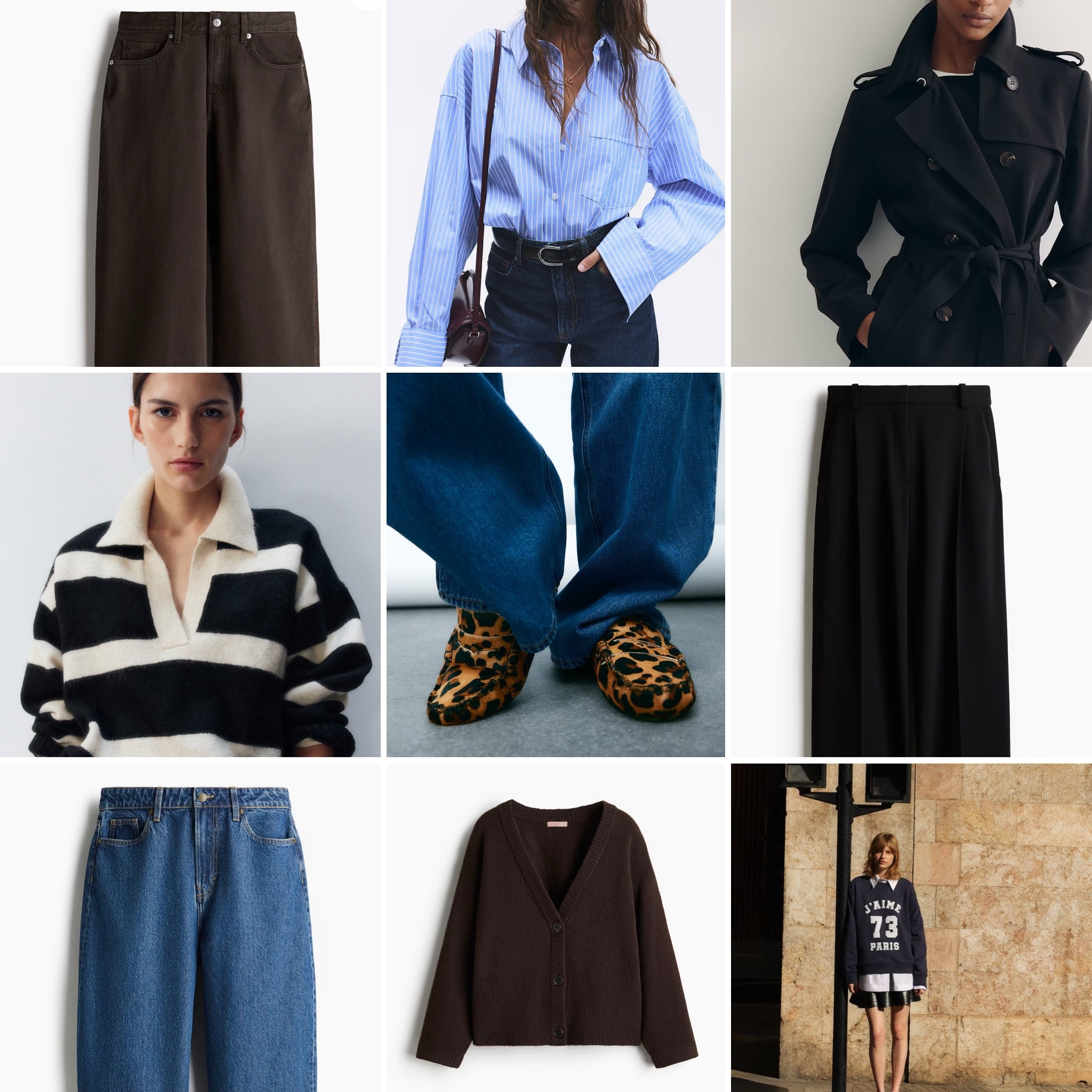 9 Fabulous New season boys from H&M. Brown jeans, black trench coat, leopard loafers, barrel jeans, striped knit, blue cotton shirt, motif sweatshirt, brown cardi.

#LTKover50style #LTKwinter #LTKuk