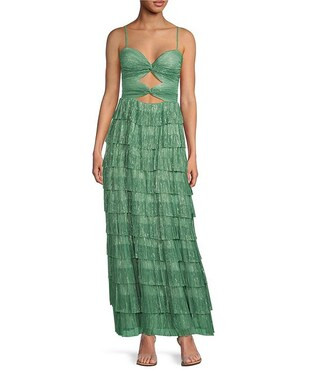 Gianni Bini Grace Metallic Plisse Sweetheart Neck Cut-Out Tiered Dress | Dillard's | Dillard's